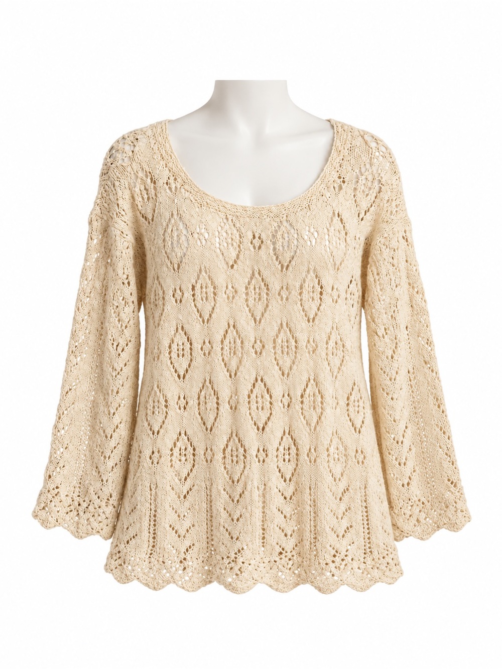 Size M Handmade Women’s Cream Leaf Lace Open Knit Scallop Tunic Sweater